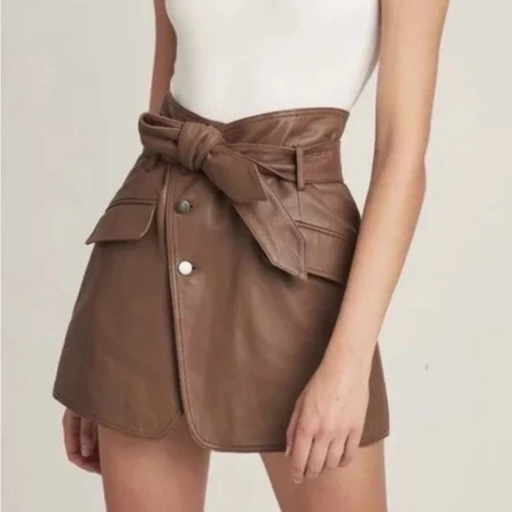 Marissa Webb Katrina Brown Leather Belted Mini Skirt with Pockets 2, New!